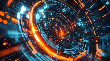 Obraz premium Futuristic abstract illustration featuring glowing blue and orange elements, creating a dynamic and captivating tech-inspired vortex.