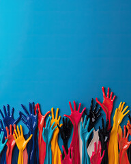 Colorful painted hands reaching upwards against a vibrant blue background, symbolizing unity and creativity.
