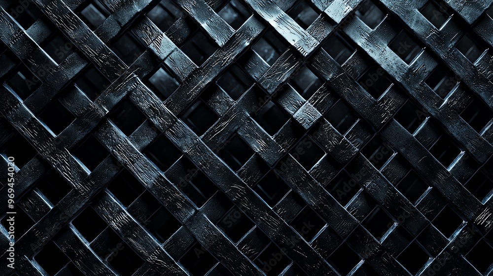 Poster a close-up of an intricate, dark woven texture, showcasing a blend of patterns and shadows for a sty