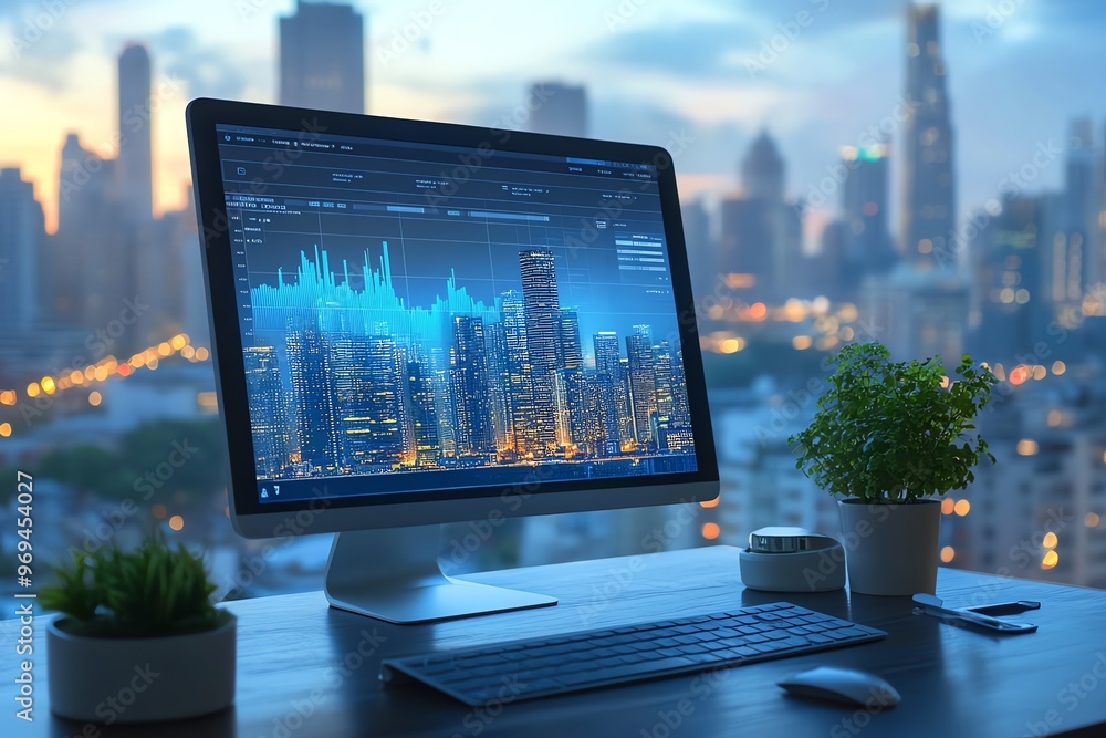 Poster A computer monitor displays a stock market graph with a cityscape in the background. The monitor is on a desk with a keyboard, mouse, and plants.
