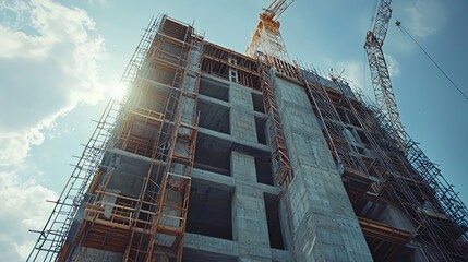 Fototapeta premium A modern construction site showcasing towering cranes, scaffolding, and a partially completed building against a bright blue sky.