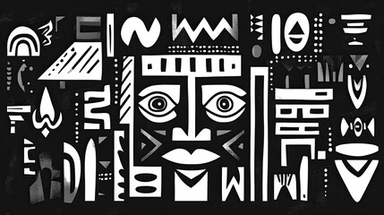 Monochrome tribal pattern with bold shapes and sharp contrasts