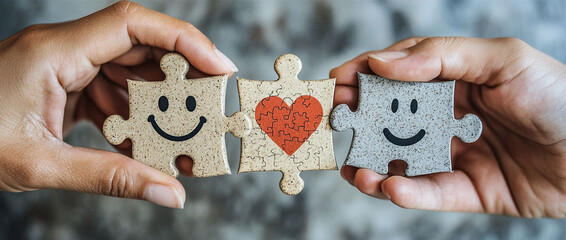 hands holding puzzle with a heart picture. Partnership concept. For banner, design, Valentine's day, presentation,  design, cover, thumbnail, LinkedIn