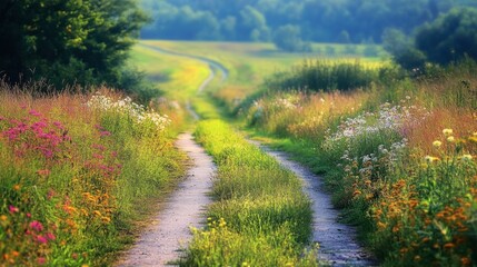 Naklejka premium A close-up of a rural road lined with wildflowers and tall grasses, creating a picturesque path that invites exploration through the lush countryside.