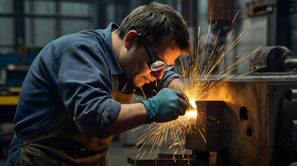 Welder in action, sparks flying as he welds steel in a bustling industrial workshop