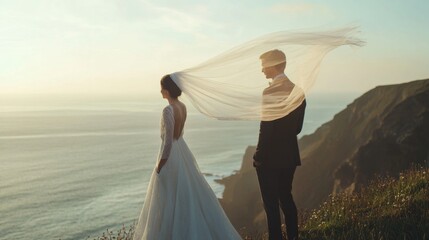 Romantic Couple on a Clifftop at Sunset with Veil Blowing in the Wind