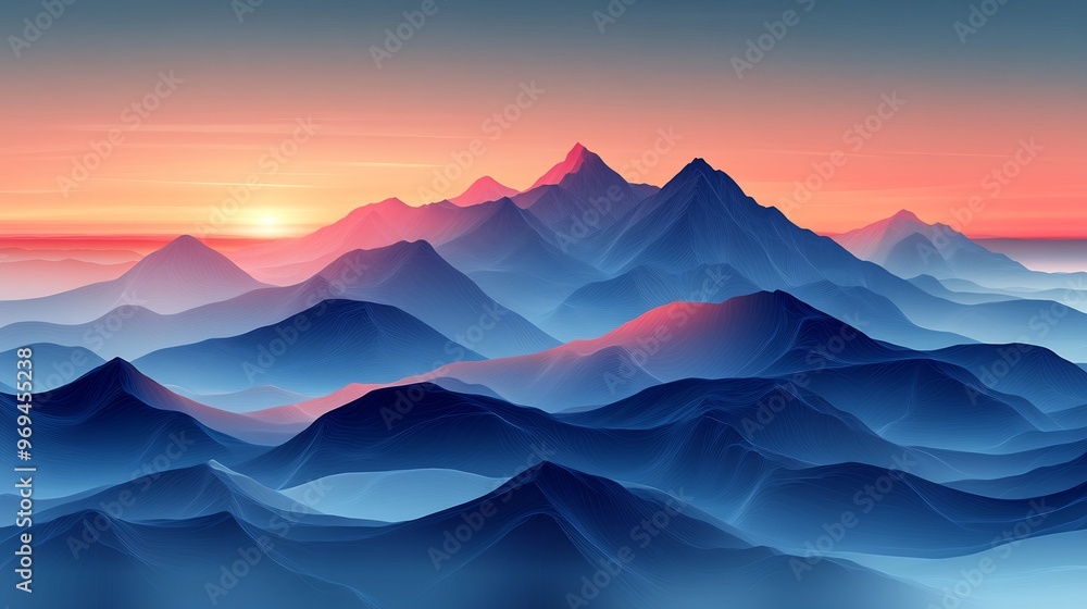 Wall mural vector design of a minimalist mountain range with simple geometric shapes and soft gradients of blue