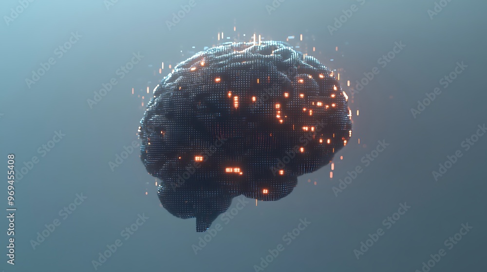 Poster futuristic digital brain logo design with glowing pixel art - symmetrical 3d render on grey backgrou