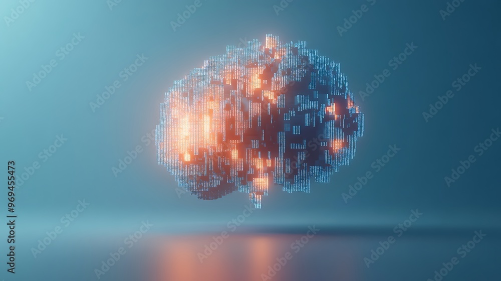 Poster glowing pixelated digital brain logo design on muted grey background - minimalistic 3d render with s