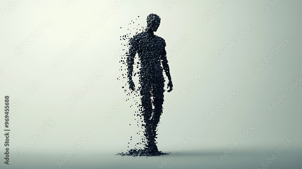 Aufkleber digital pixel man - minimalistic 3d render silhouette logo design on grey background with symmetrica