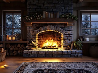 A cozy cabin interior with a fireplace, wood beams, and windows overlooking a snow-covered forest.