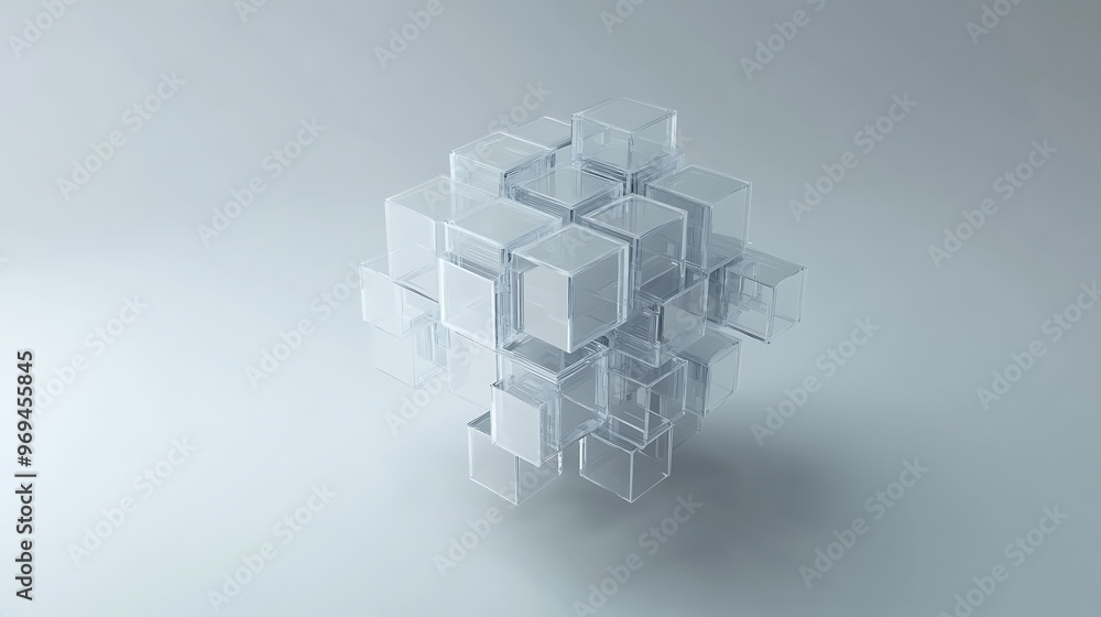 Poster transparent pixel cube logo design on light grey background with symmetrical composition
