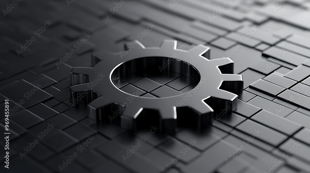 Poster futuristic metallic pixel gear logo design on matte grey background with symmetrical composition in 