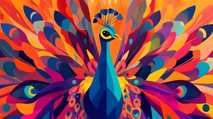 A 2D flat abstract illustration of a vibrant peacock with exaggerated feathers in bold geometric patterns and bright colors © Apiwat