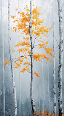 A painting of a forest with yellow birch trees in the foreground and a few more in the background. The trees are bare and the leaves are orange