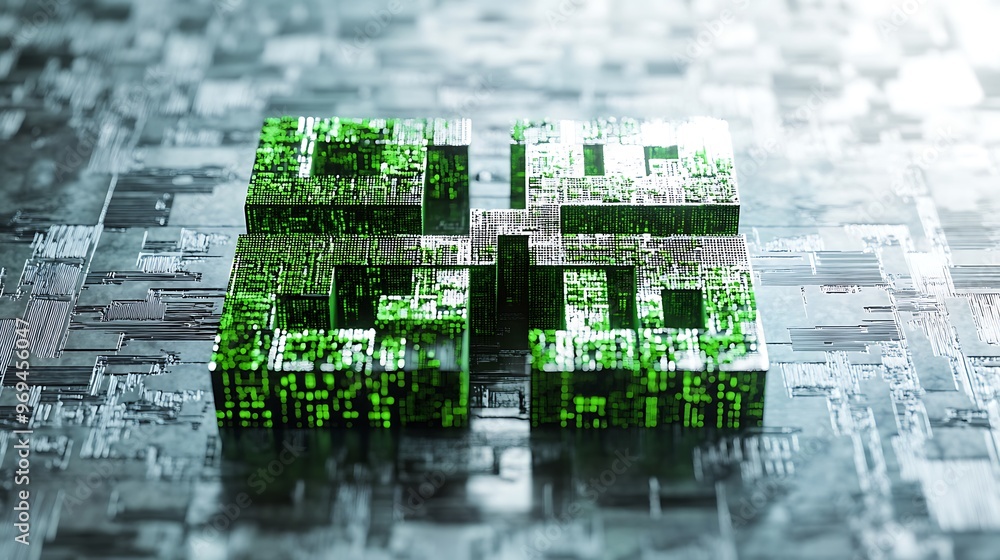 Aufkleber futuristic circuit board symbol in green pixels - minimalistic 3d render logo design on silver grey 