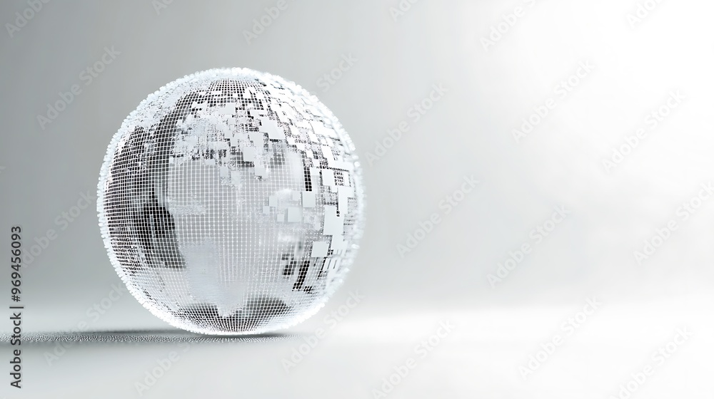 Poster minimalistic 3d transparent pixel globe logo on light grey background with symmetrical composition
