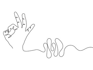 Continuous one line drawing of OK hand symbol fingers, illustration of OK sign eps 10