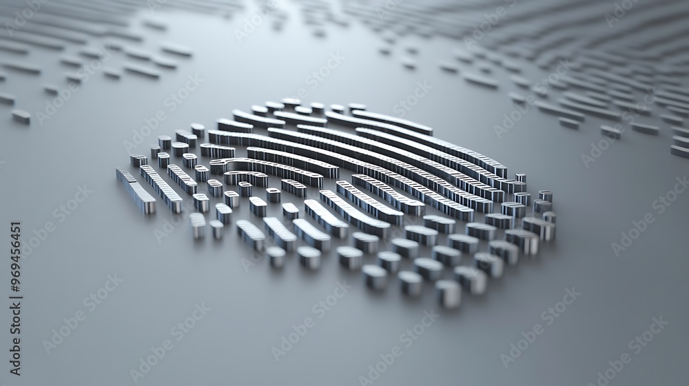 Poster digital silver pixel fingerprint logo on grey background - minimalistic 3d render with symmetrical c