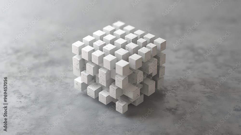 Poster modern 3d cube matrix logo design in white pixels on grey background