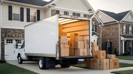 Moving Truck with Boxes in Front of House