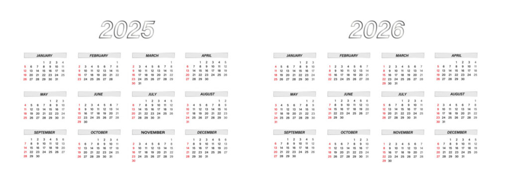 calendar 2025, 2026 year, week starts on sunday corporate planner template vector editable. Business calendar Yearly organizer in minimalist style for 2025, 2026 design. Landscape orientation