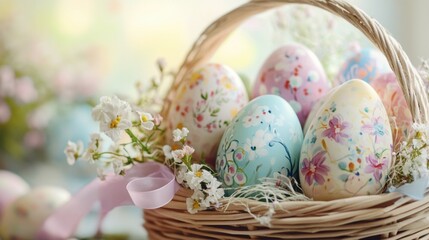 Fototapeta premium A close-up of hand-painted Easter eggs nestled in a decorative basket with spring flowers and pastel ribbons, evoking the spirit of the season.