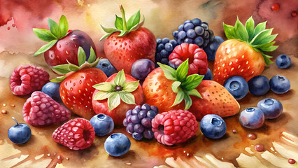 Obraz premium Vibrant watercolor painting of assorted berries with strawberries, blueberries, and raspberries
