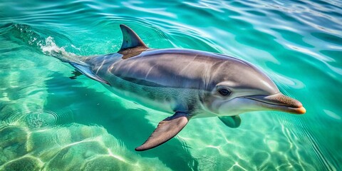Obraz premium Adorable baby dolphin swims playfully near the surface of calm turquoise water, its sleek grey body glistening with