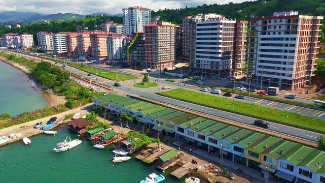 Buildings in a city with a road.