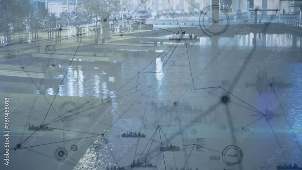 Poster animation of network of connections and data processing over cityscape