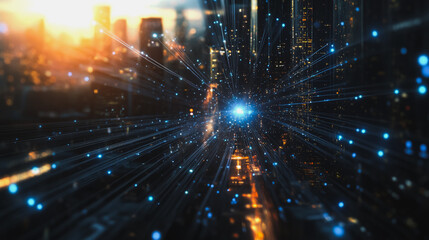 Obraz premium Smart digital city with connection cyber security network reciprocity over the cityscape . future smart wireless digital city and social media networking systems that connects people within the city