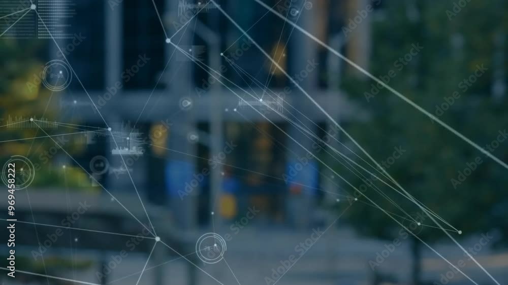 Poster animation of network of connections and data processing over cityscape