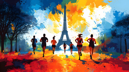 A vibrant illustration of runners in front of the Eiffel Tower, symbolizing fitness and energy.