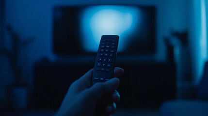 Hand Holding Remote with TV Off - Navy Blue Hue Minimalist Scene