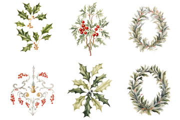 An assortment of old-fashioned holiday cards, laid out on a white background, isolated on white background