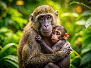 Fototapeta premium Adorable primate mother tenderly cradles her tiny infant in a warm, loving embrace, surrounded by lush green foliage