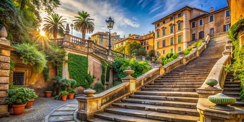Fototapeta premium Ancient stone staircase lined with ornate balustrades and lush greenery winds its way up a sun-drenched hillside in