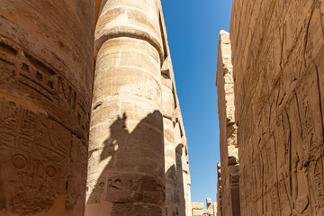 The Hypostyle Hall of the Temple of Karnak in the Karnak complex in Luxor, Egypt, is a glimpse into...