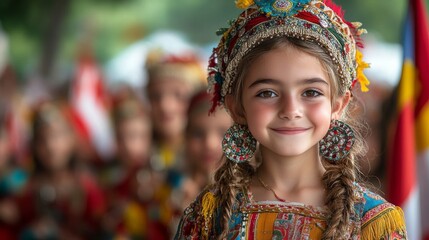 Fototapeta premium Close up Children in traditional Turkish national flags displayed prominently