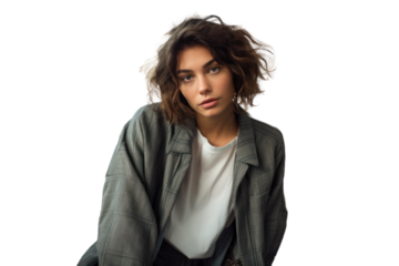 A young model with expressive eyes and a casual yet trendy outfit sits casually isolate on white background.