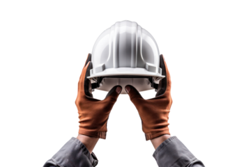 A worker's hand adjusting a safety helmet isolated on white background