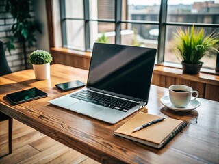Fototapeta premium A sleek, modern laptop on a wooden desk, surrounded by papers, pens, and a cup of coffee, showcasing