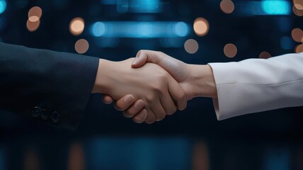 Female entrepreneur shaking hands with an investor, futuristic office backdrop, deal execution, business partnership, startup funding success