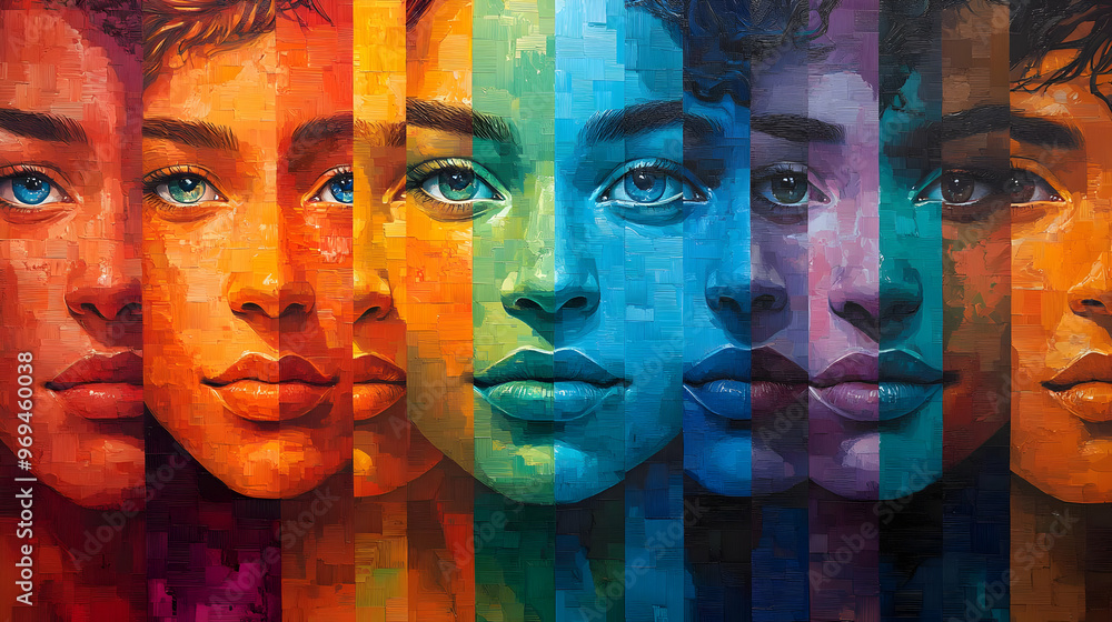 Poster a vibrant mural featuring diverse faces in a spectrum of colors, emphasizing unity and identity.