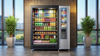 A sleek, modern vending machine mockup with a large glass front and brightly lit interior, displaying a variety