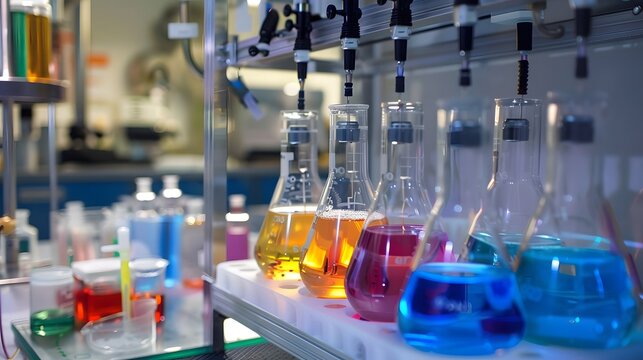 Colorful chemistry laboratory with vibrant liquids in glass flasks, showcasing scientific experimentation and research.
