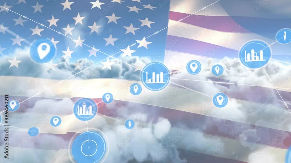 Poster animation of network of connections with graph icons over flag of usa