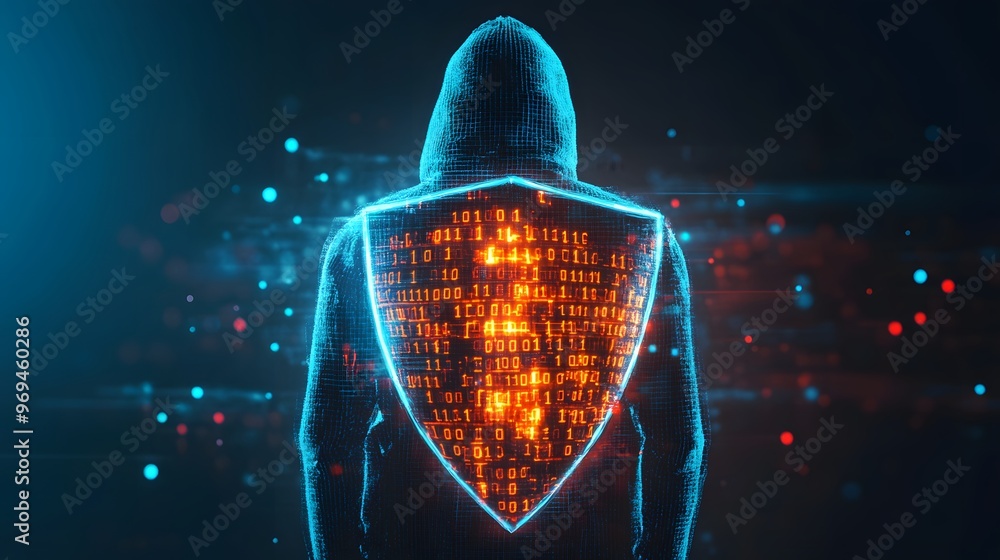 Poster digital security concept featuring a hooded figure with a glowing shield, representing cyber protect
