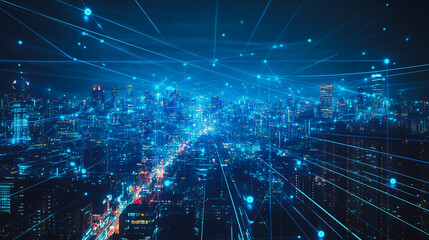 Smart digital city with connection cyber security network reciprocity over the cityscape . future smart wireless digital city and social media networking systems that connects people within the city